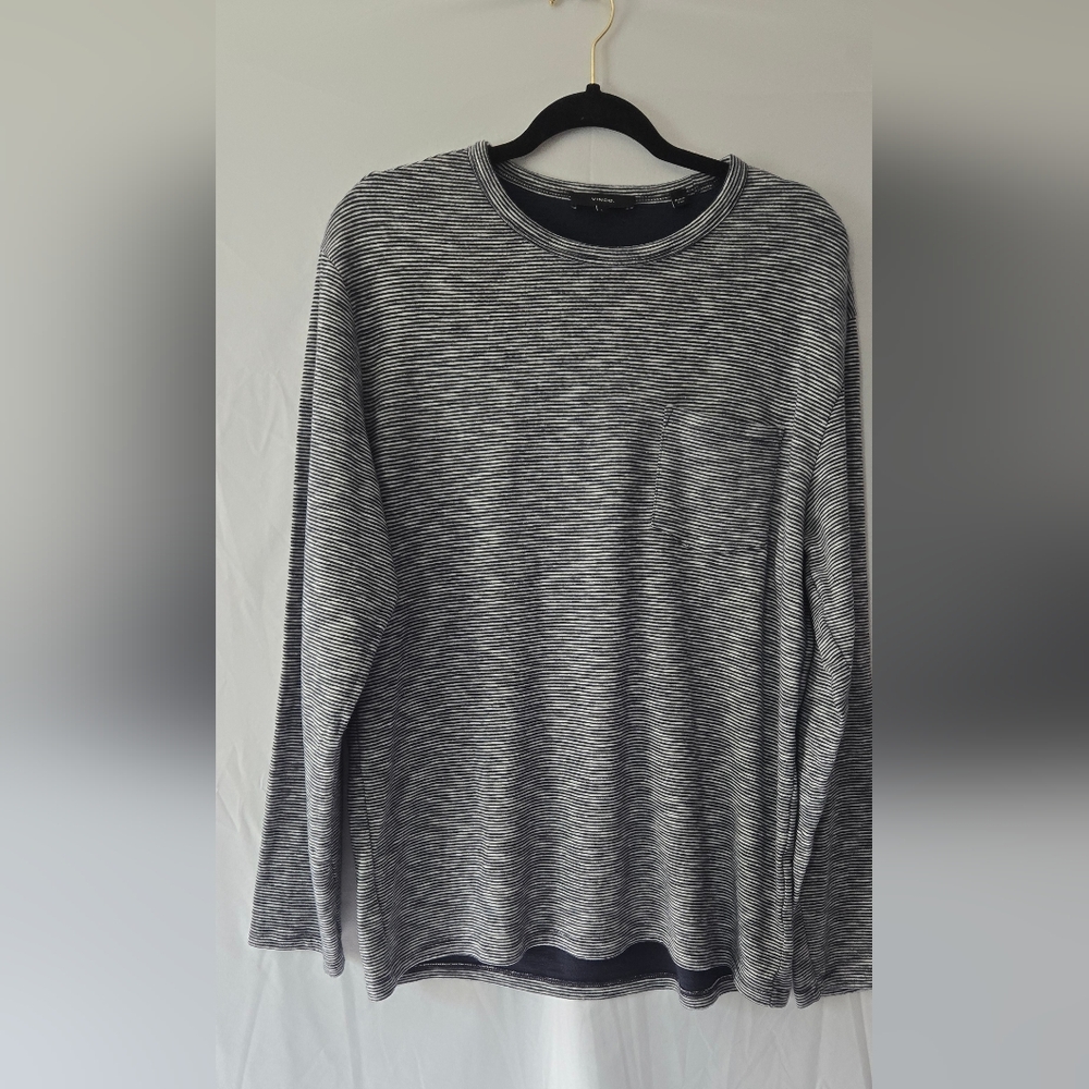 Vince Men's Stripe Long Sleeve Pocket Tee Navy Blue/White Size Large